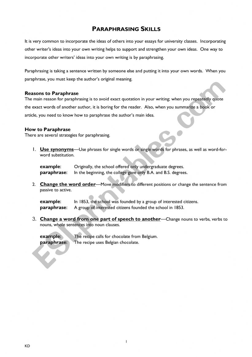 Paraphrasing Rules + Worksheet, ex 1