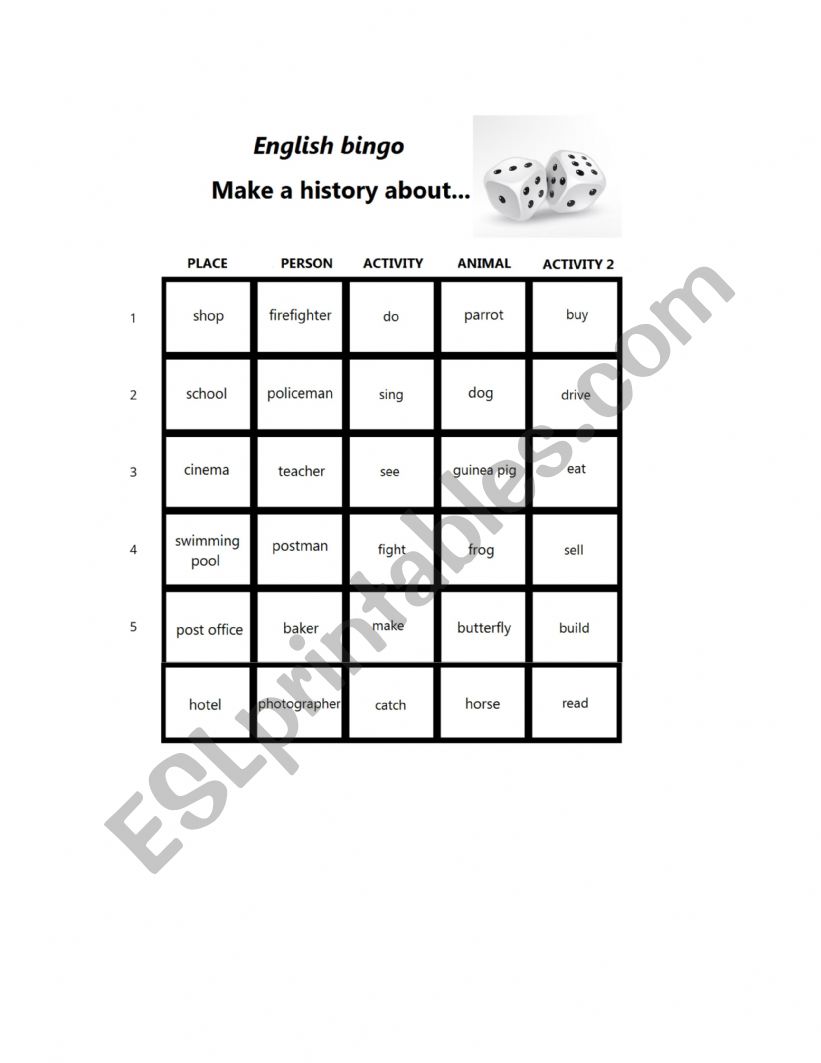 Make a history with dice worksheet