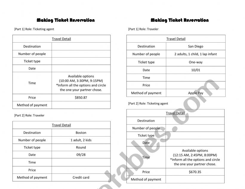 Reserving ticket role play worksheet