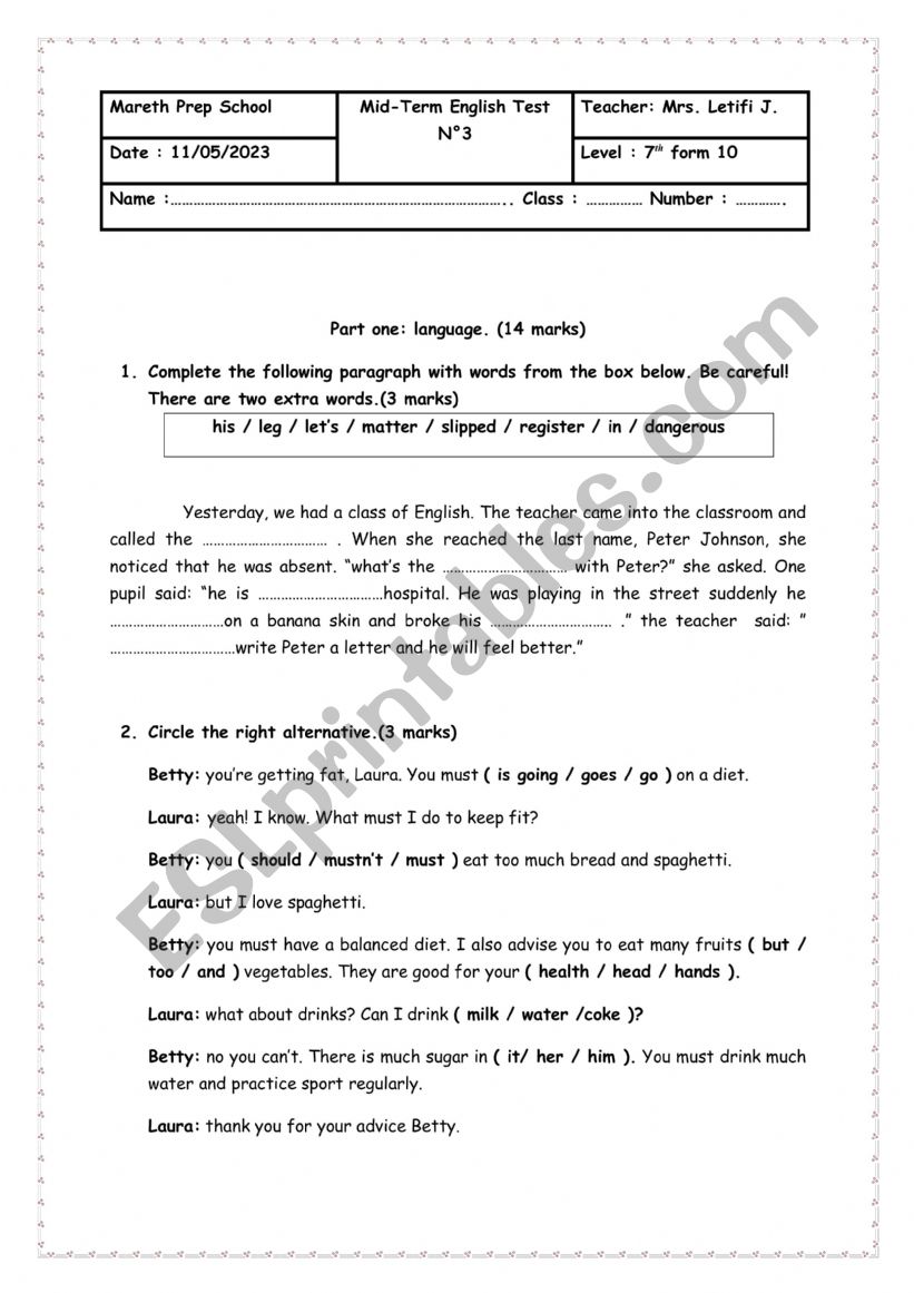 test worksheet