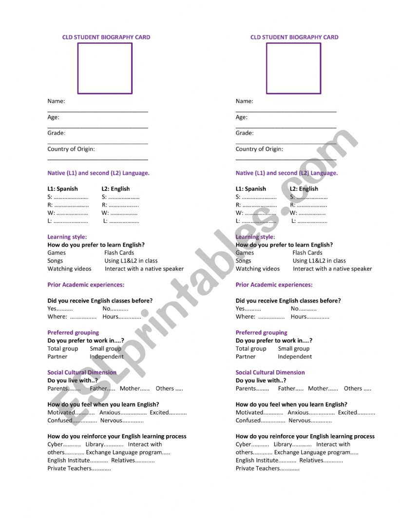 Biography Card worksheet