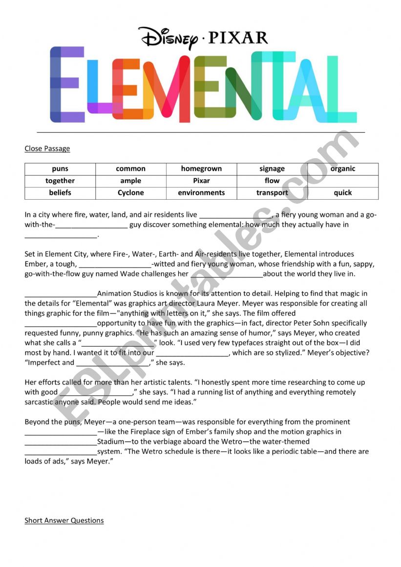 Disney Pixar Elemental  worksheet