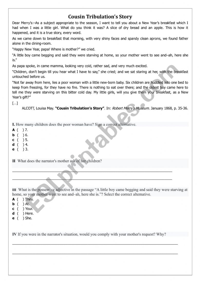 Cousin�s tribulations story worksheet