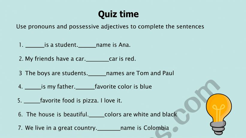 Pronouns and possessive adjectives quiz