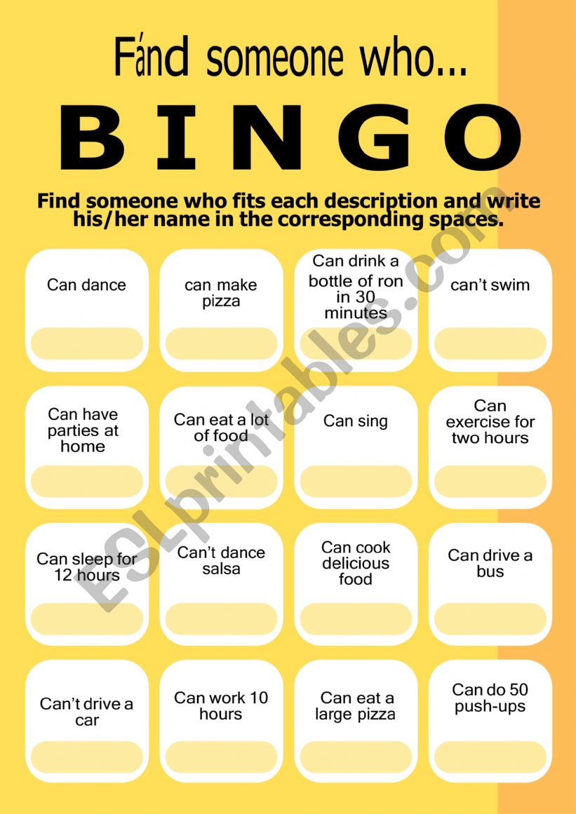 BINGO find someone who - can / canÃ¯Â¿Â½t