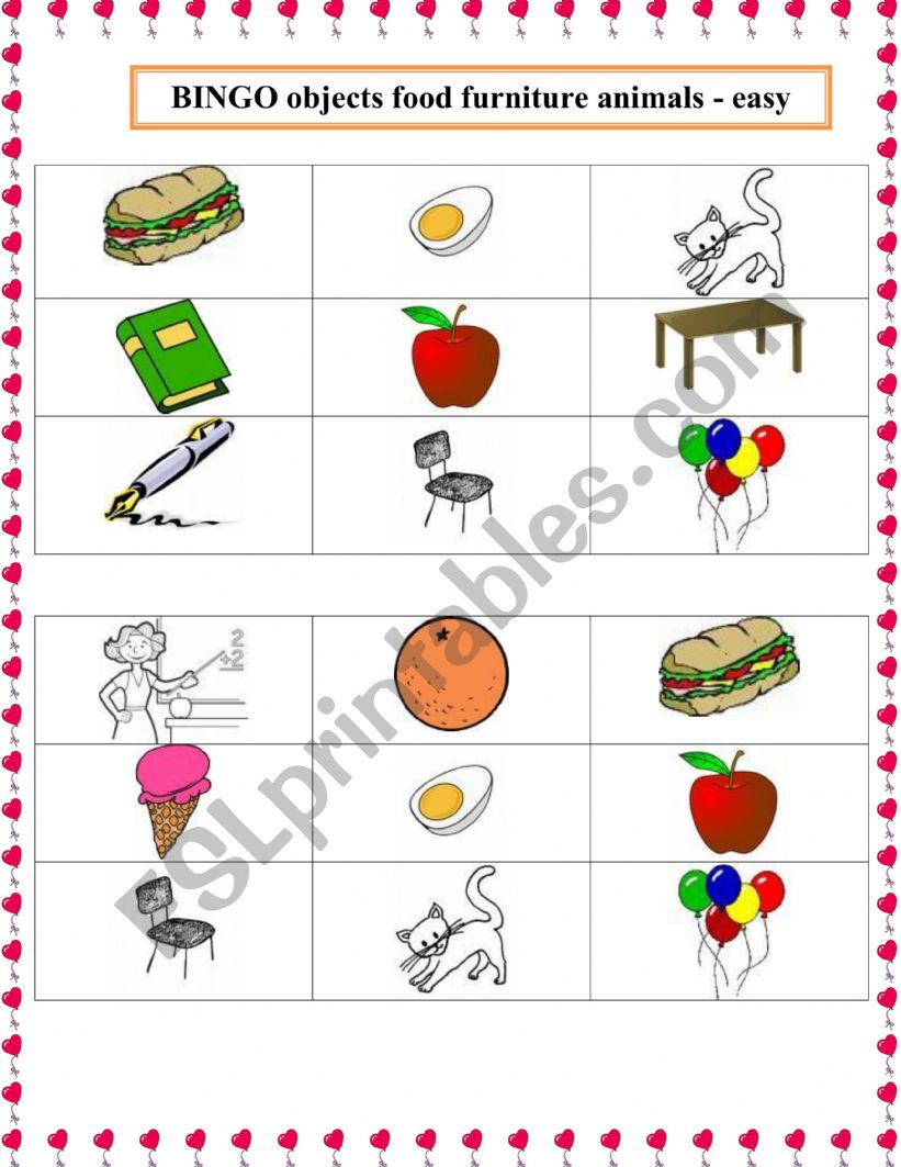 BINGO - 9 pages - beginner - objets, classroom objects, animals,foods, furniture (simple)