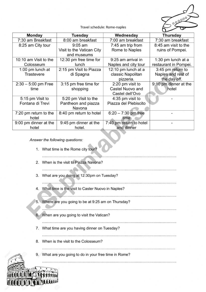 Travel schedule worksheet