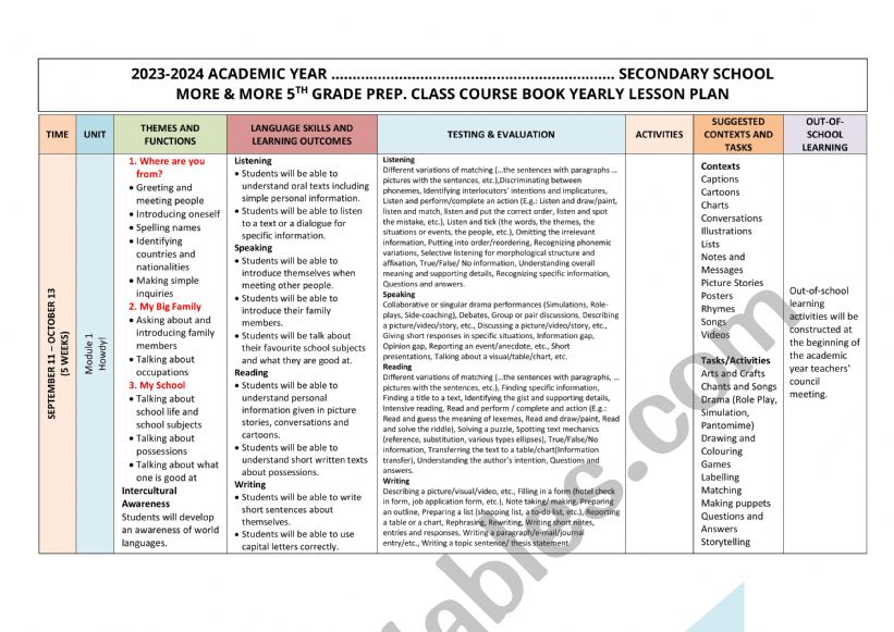 plan for 5th grade worksheet