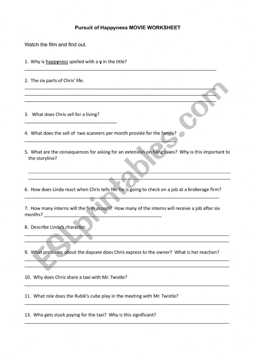 The Pursuit of Happyness movie worksheet
