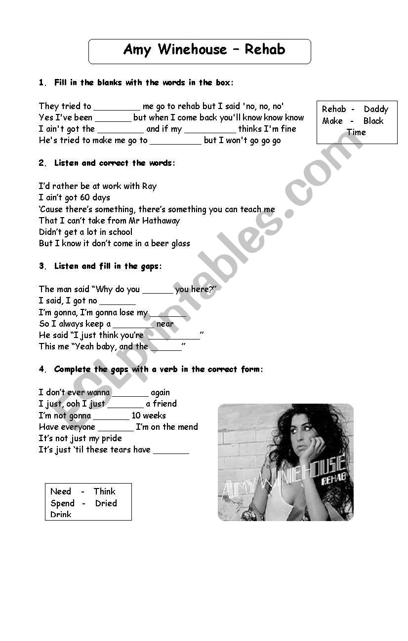 Song Rehab - Amy Winehouse worksheet