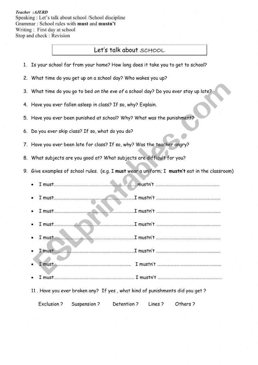 School rules  worksheet