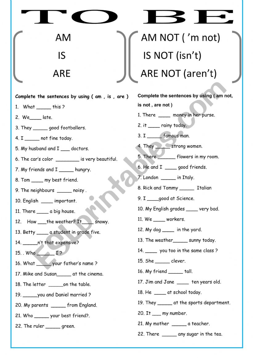 TO BE worksheet