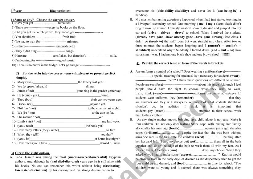 Diagnostic test for 3rd form Tunisian students