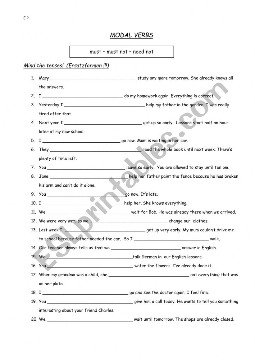 Must - mustnt - need not worksheet