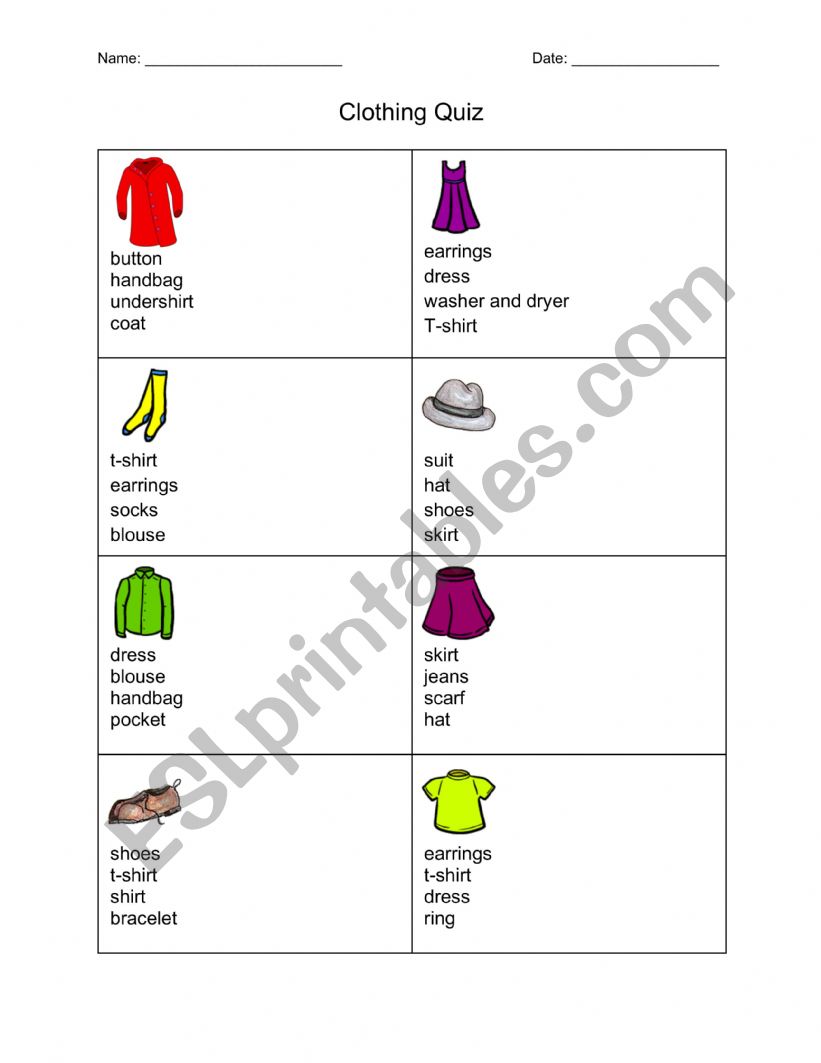 Newcomer Clothing Quiz worksheet