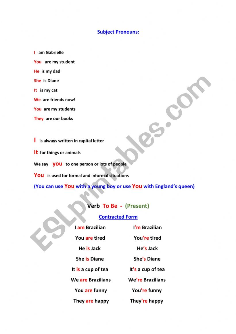 Subject Pronouns and Verb To Be