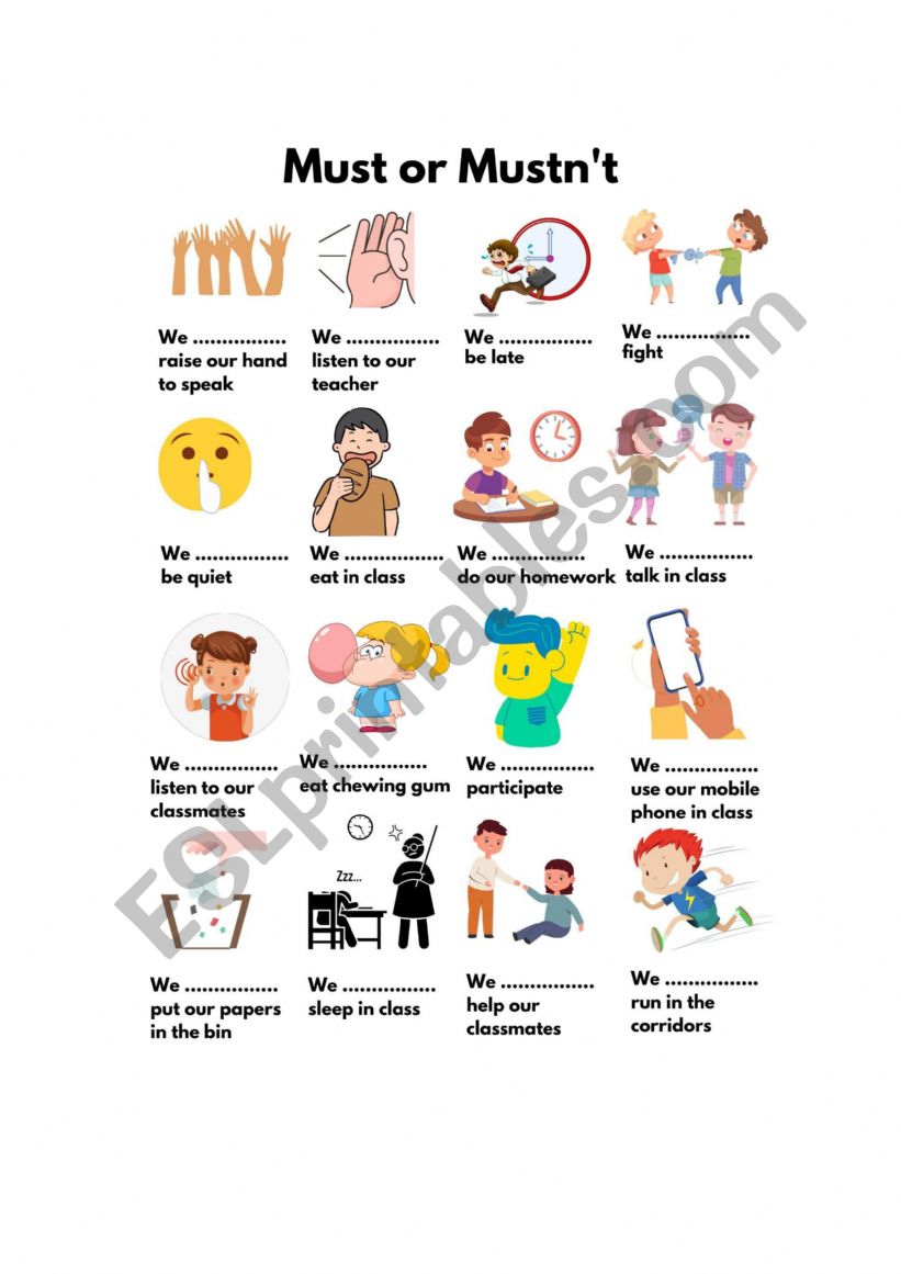 Must-Mustnï¿½t at school worksheet
