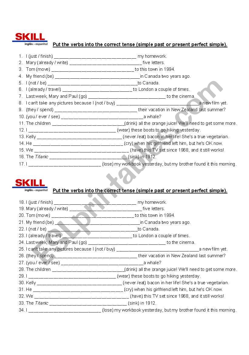 Present perfect x simple past worksheet