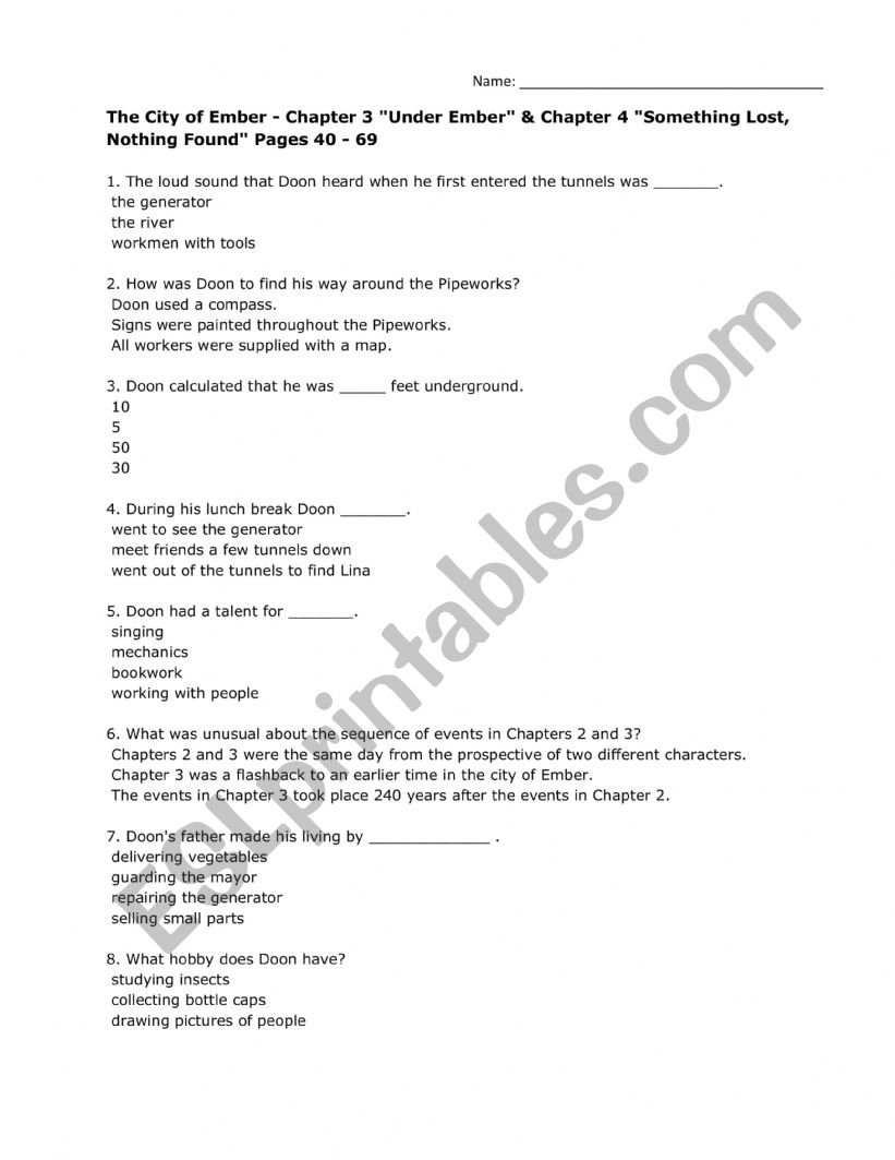 City of Ember Quiz Ch1-4 worksheet