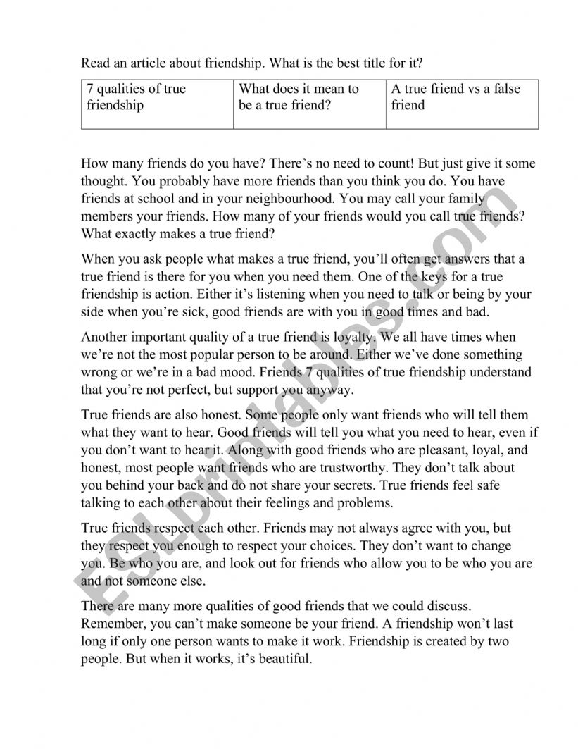 true friends worksheet