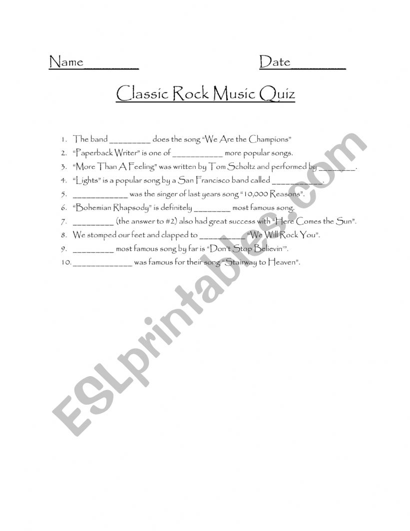 Classic Rock Music Quiz worksheet