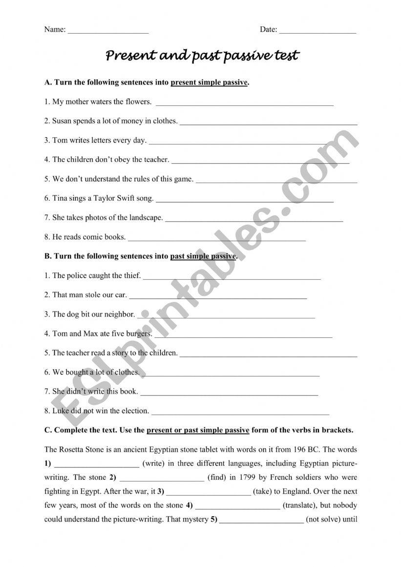 Passive voice test worksheet