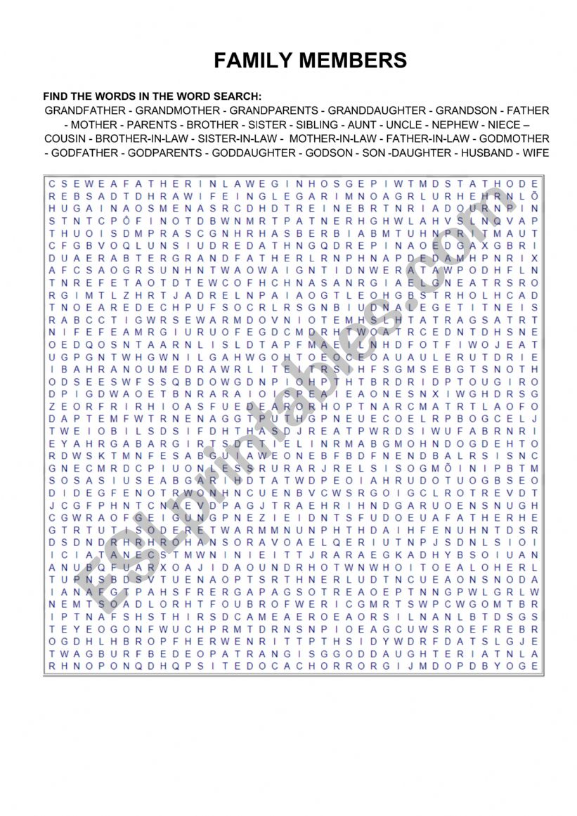 Family members Word search worksheet