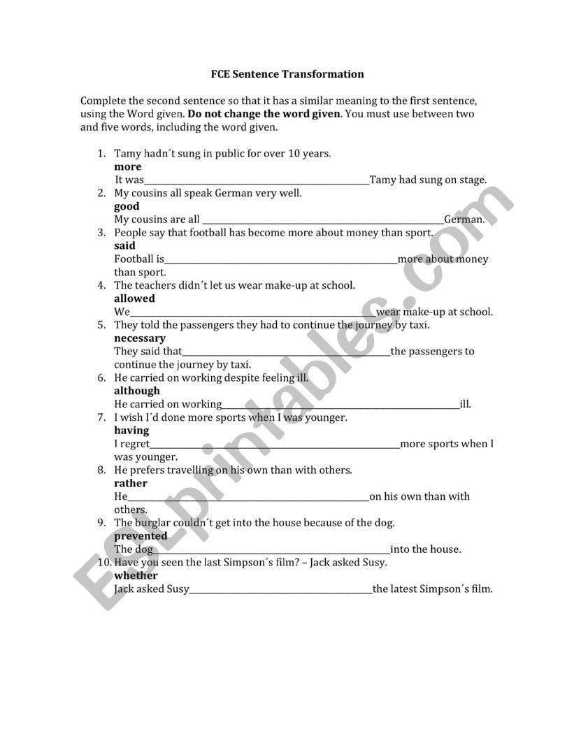 FCE sentences transformation worksheet