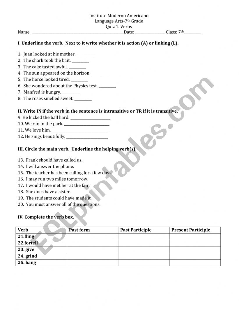 Verbs Quiz worksheet