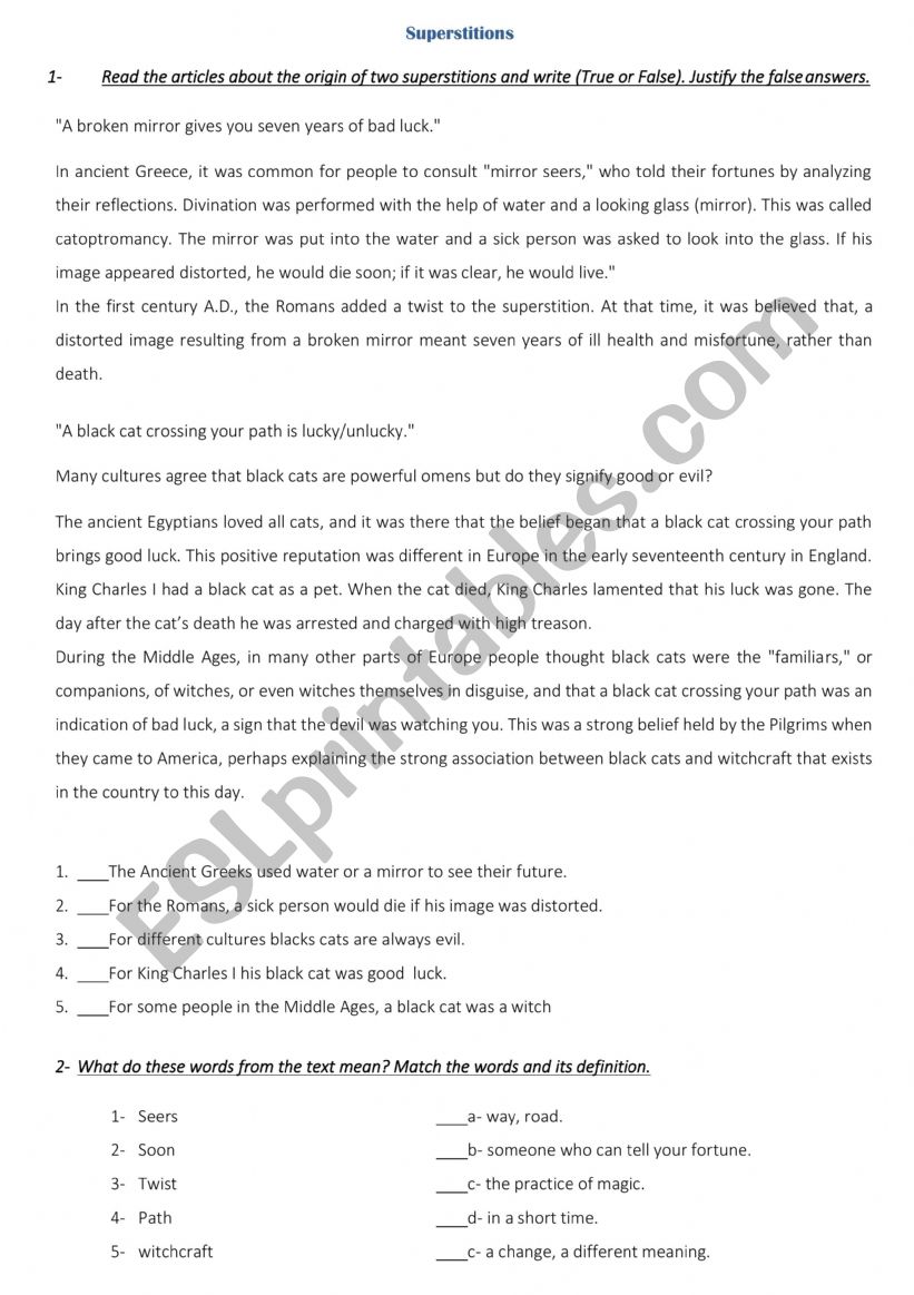 The origin of superstitions worksheet