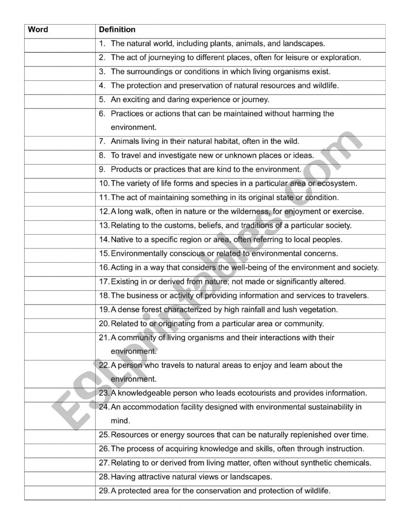 Ecotourism vocabulary worksheet