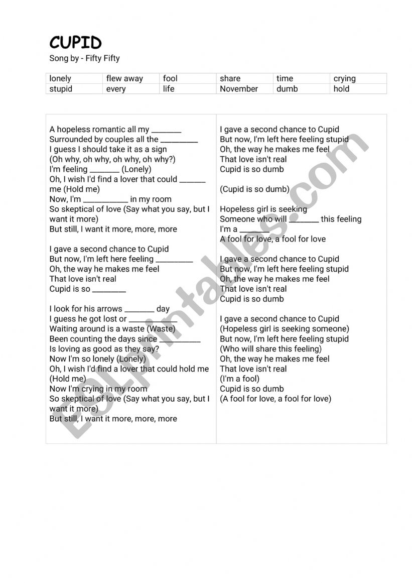 CUPID song worksheet