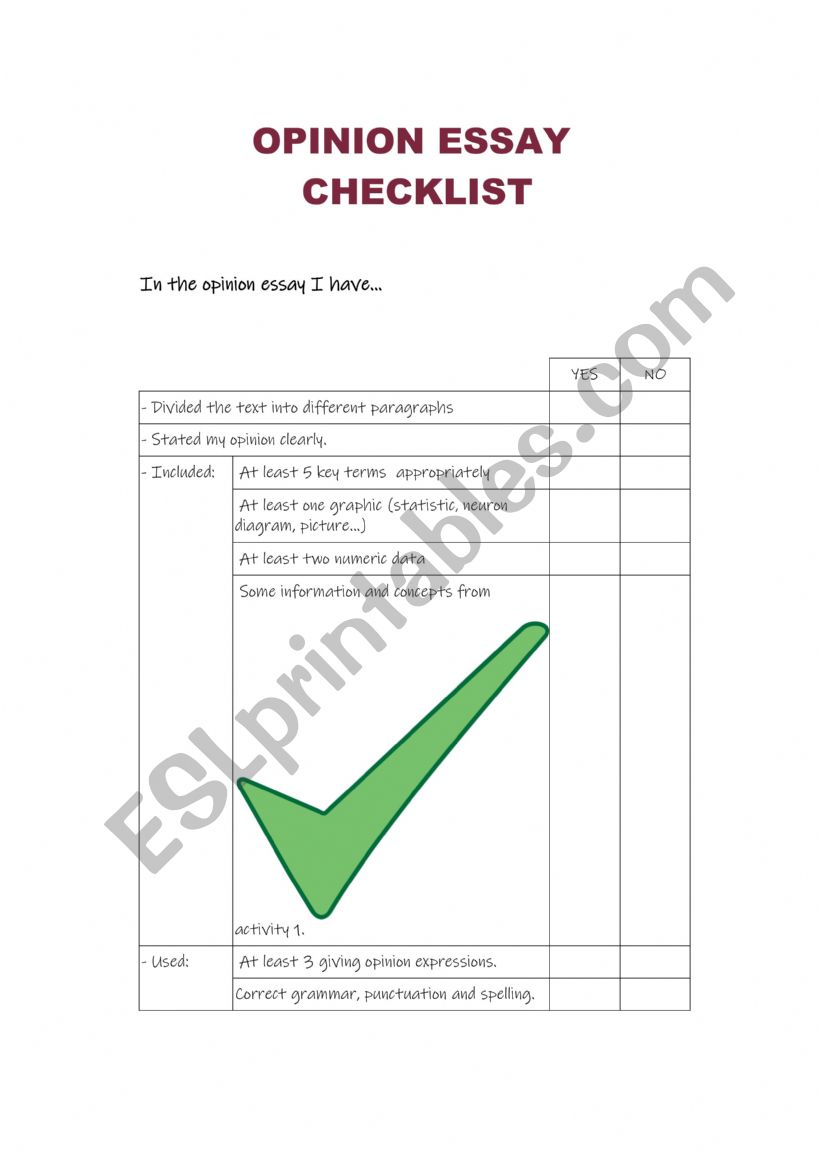 Opinion Essay Checklist worksheet