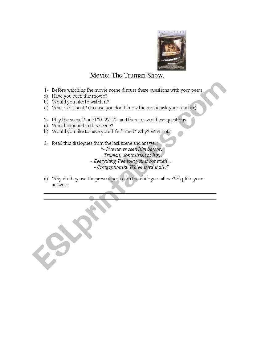 Movie The Truman Show worksheet