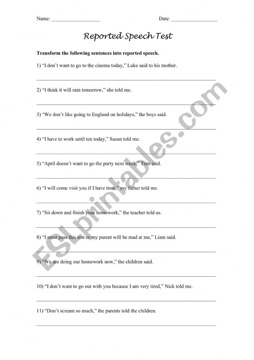 Reported speech worksheet worksheet