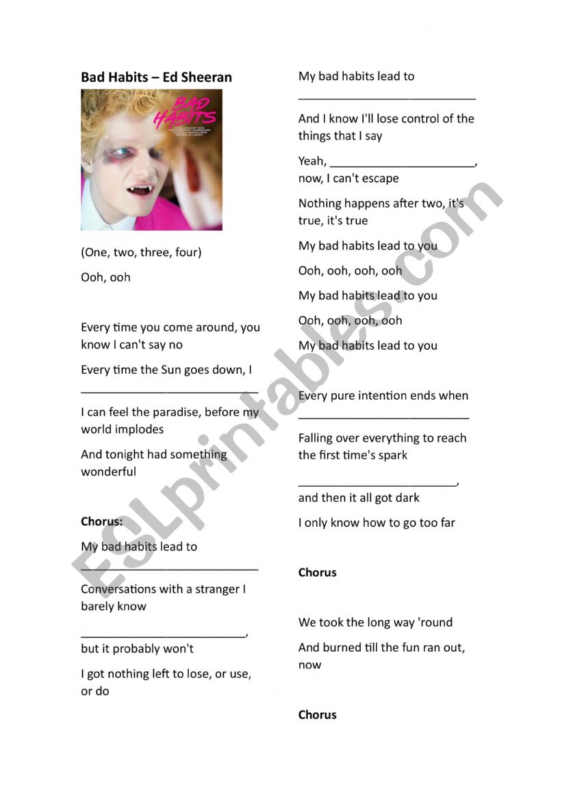 Bad Habits - Ed Sheeran worksheet