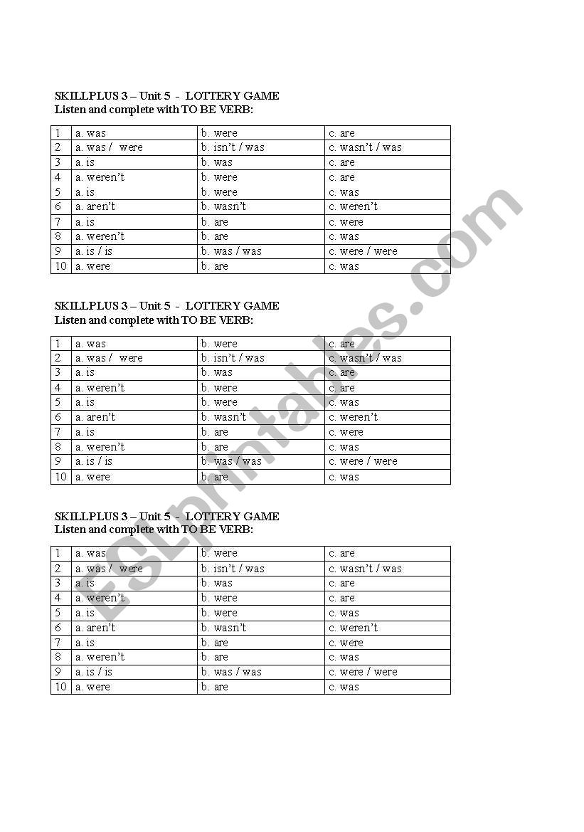 lottery game - past of to be worksheet