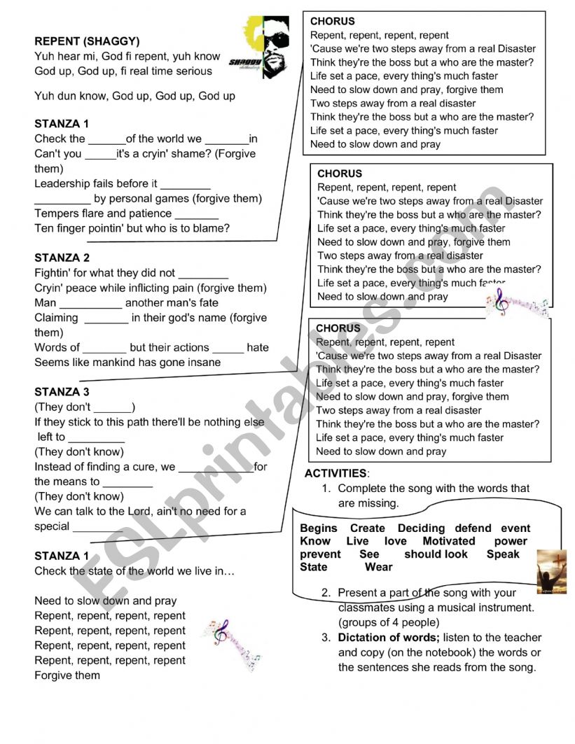 REPENT BY SHAGGY, SONG worksheet