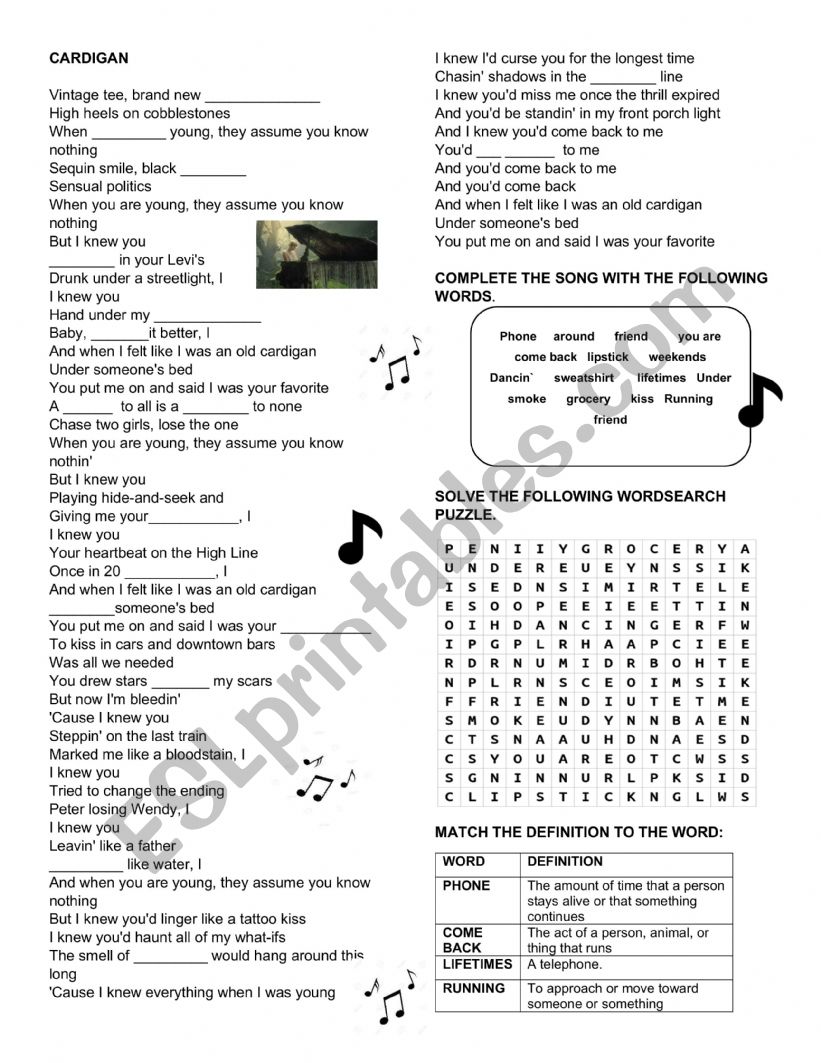 CARDIGAN SONG worksheet