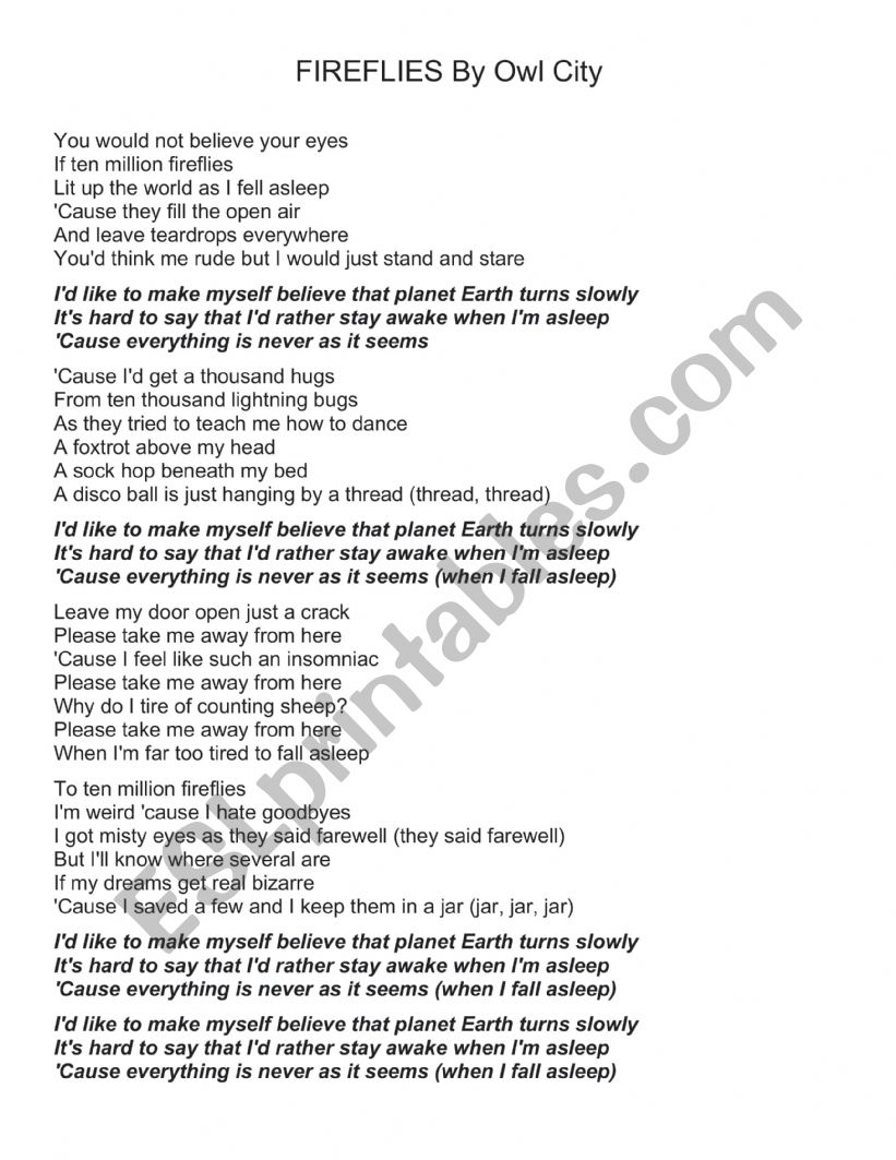 Fireflies worksheet