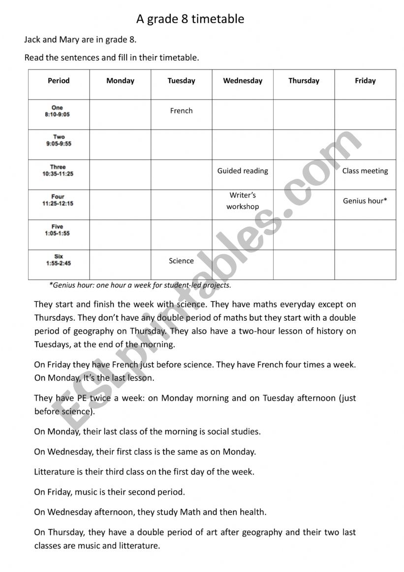 Timetable 8th grade worksheet