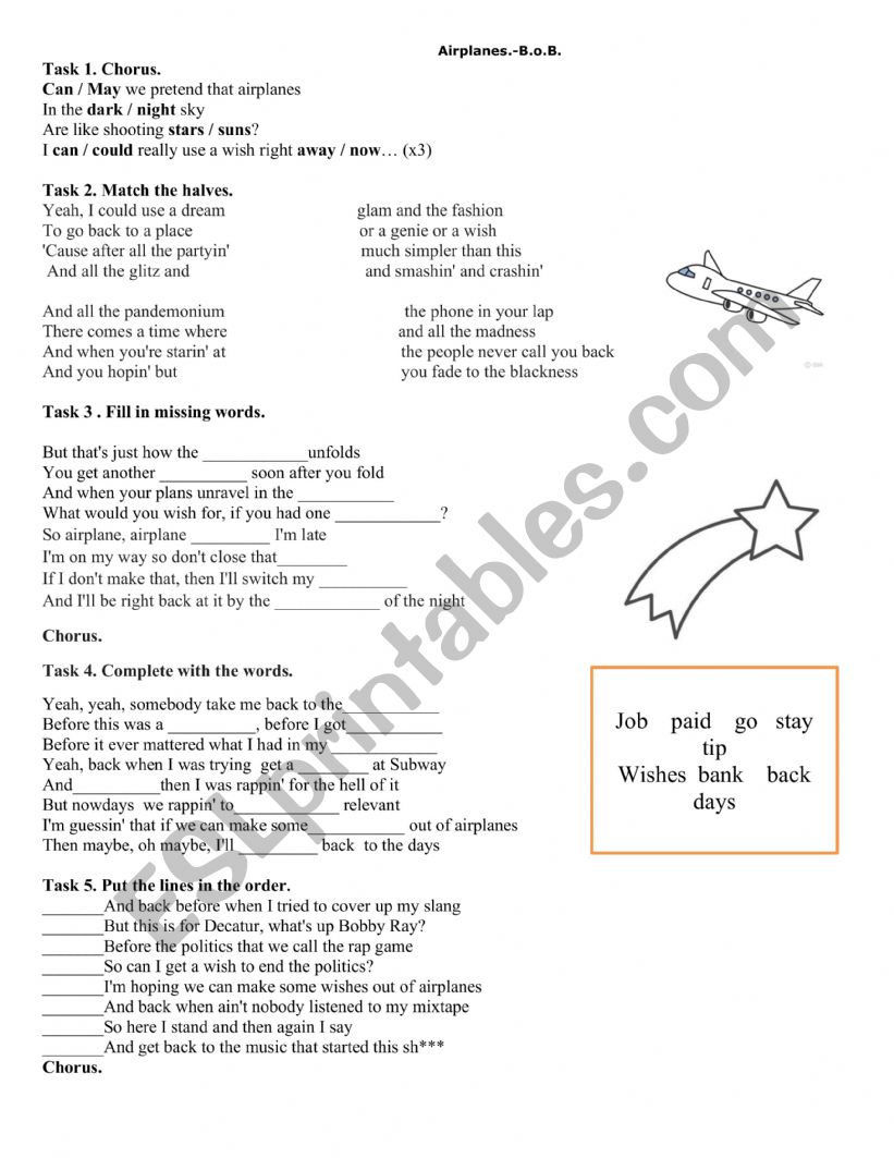 Airplanes- B.o.B worksheet