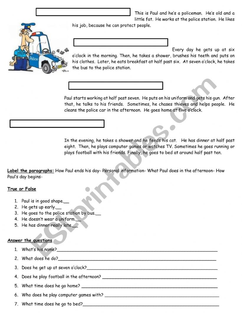 Paul the policeman worksheet