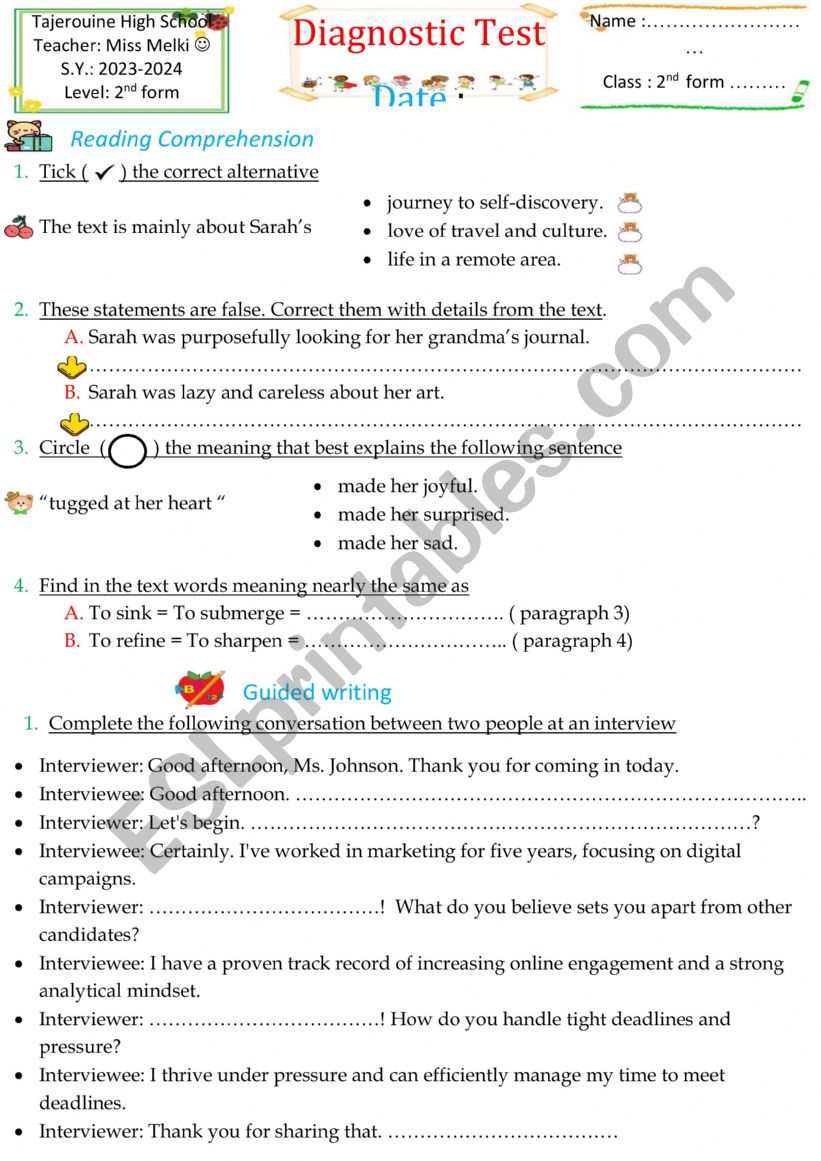 2nd form diagnostic test worksheet