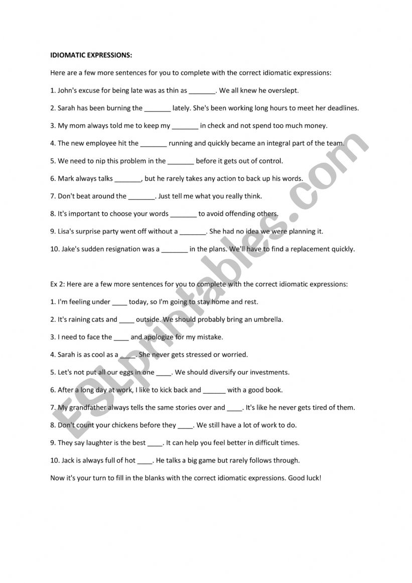 IDIOMATIC EXPRESSIONS: worksheet