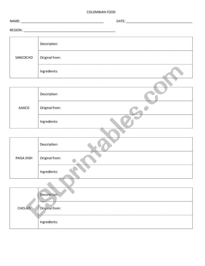 COLOMBIAN FOOD worksheet