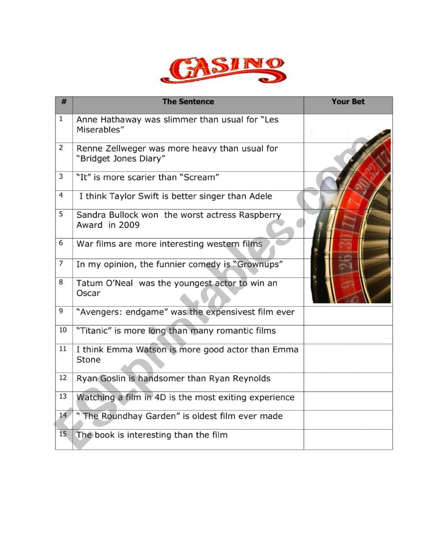 Comparatives casino worksheet