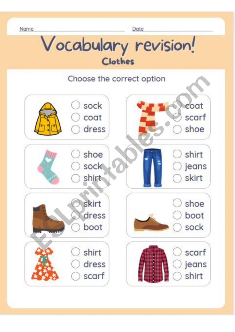 Vocabulary revision clothes worksheet