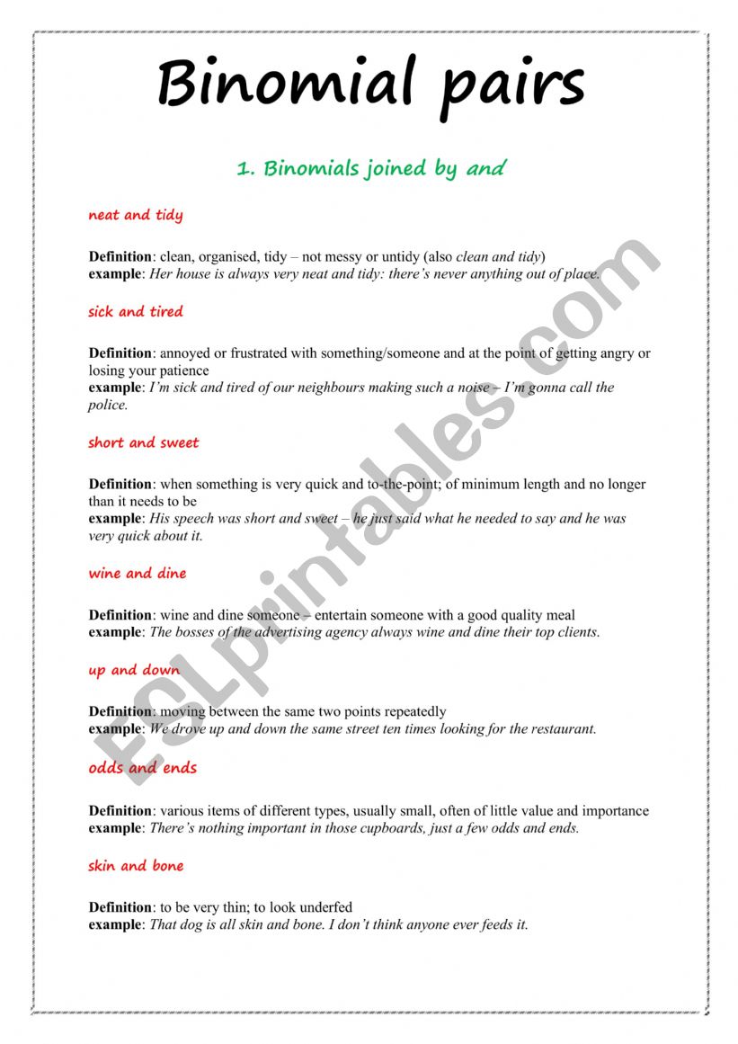 Binorial Pairs worksheet