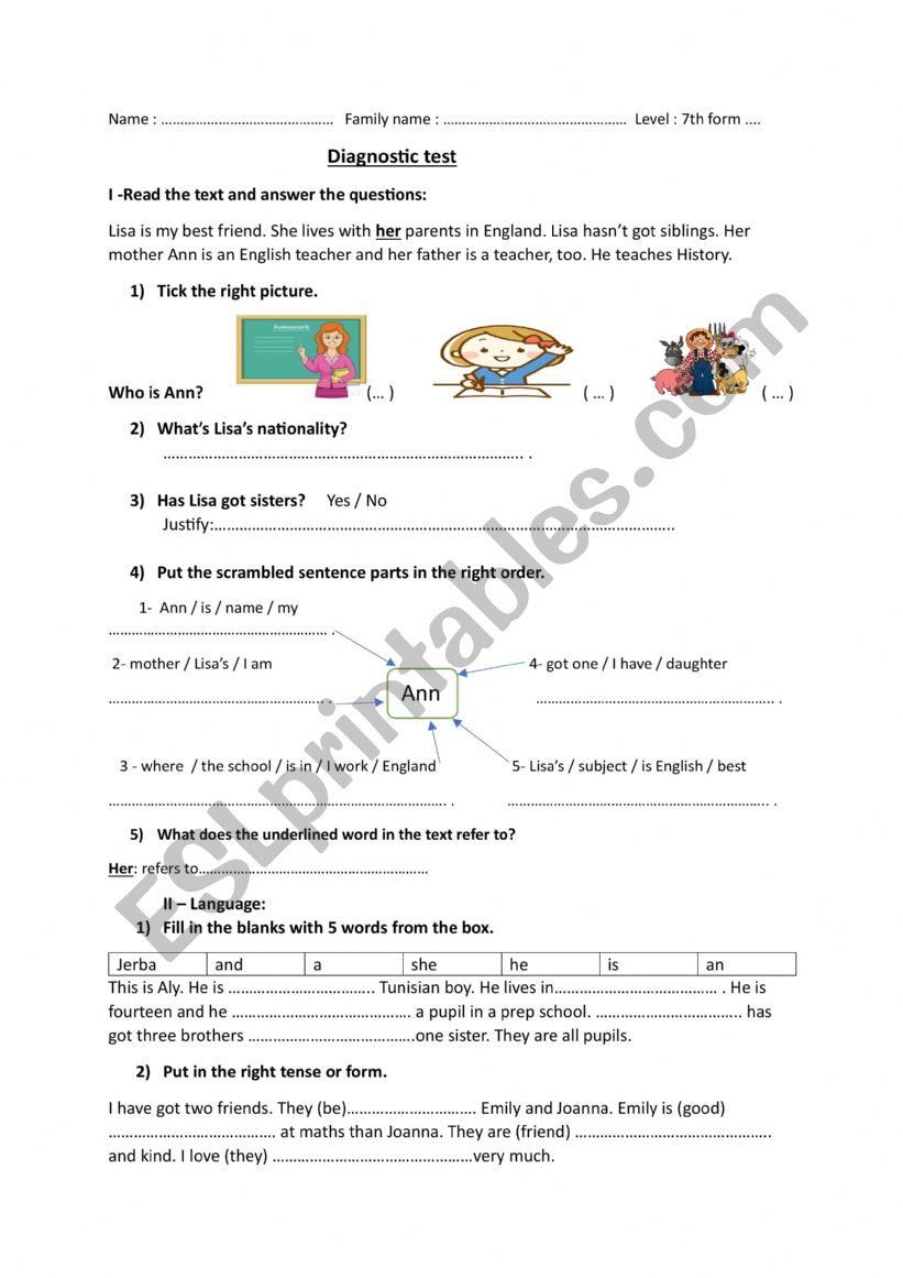 diagnostic test worksheet